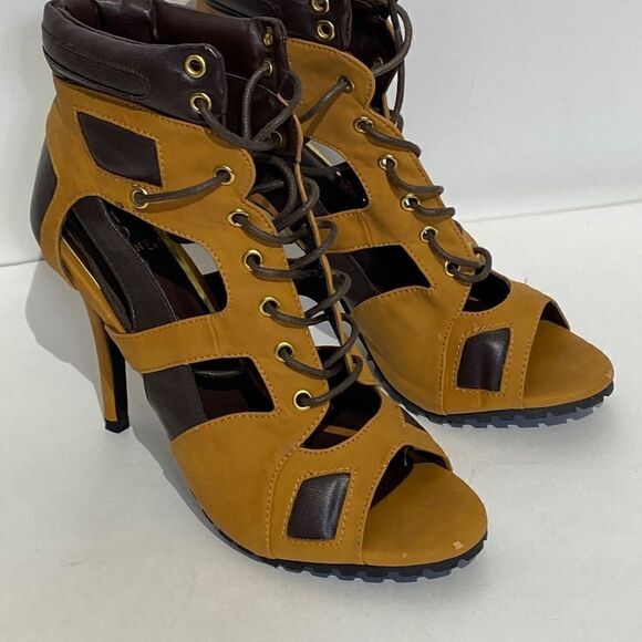 Scene Weaver Women's Lace Up Open Toe 5" High Heel Brown Booties Size 8 - Picture 1 of 12